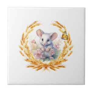 Cute Mouse Wheat Butterfly Tile White Floral