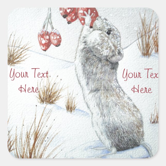Cute mouse wildlife snow scene for christmas square sticker (Front)