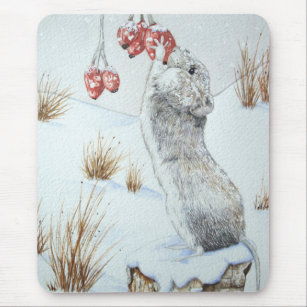 Cute mouse winter snow scene red berries wildlife mouse mat