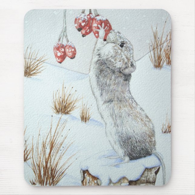 Cute mouse winter snow scene red berries wildlife mouse mat (Front)