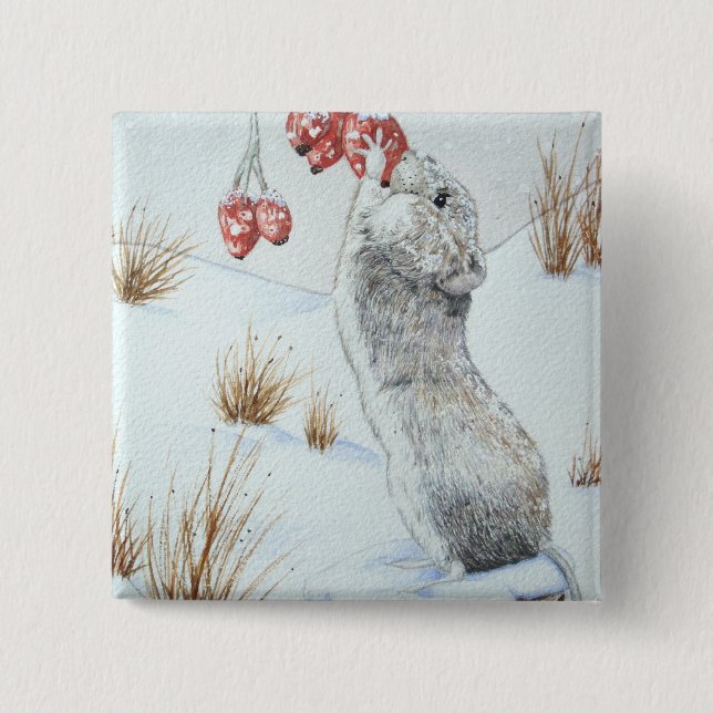 Cute mouse winter snow scene wildlife button (Front)
