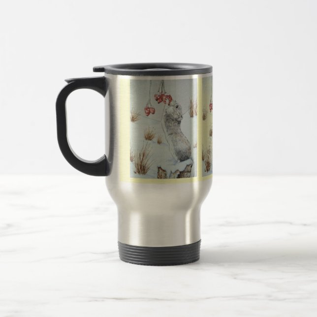 Cute mouse winter snow scene wildlife picture travel mug (Left)