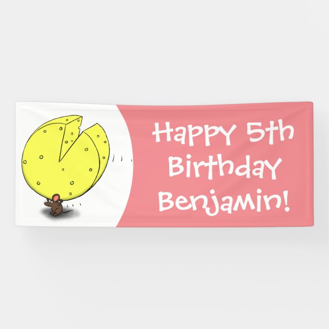 Cute mouse with cheese cartoon birthday banner (Horizontal)