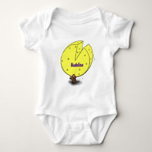 Cute mouse with cheese cartoon illustration baby bodysuit
