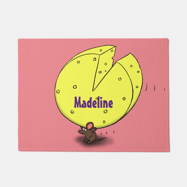 Cute mouse with cheese cartoon illustration doormat (Front)