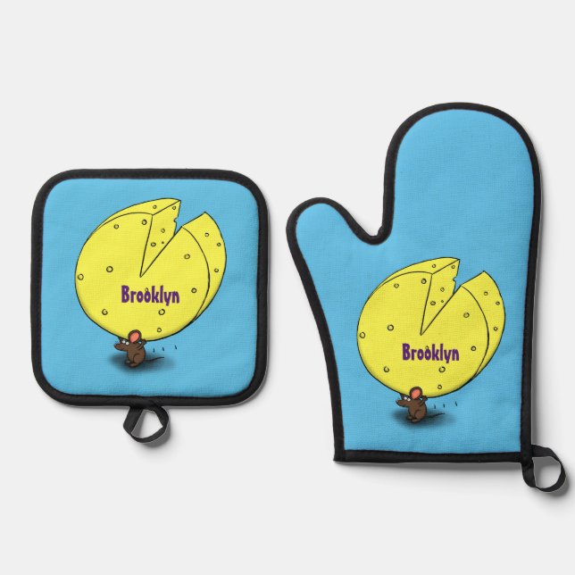 Cute mouse with cheese cartoon illustration oven mitt & pot holder set (Front)