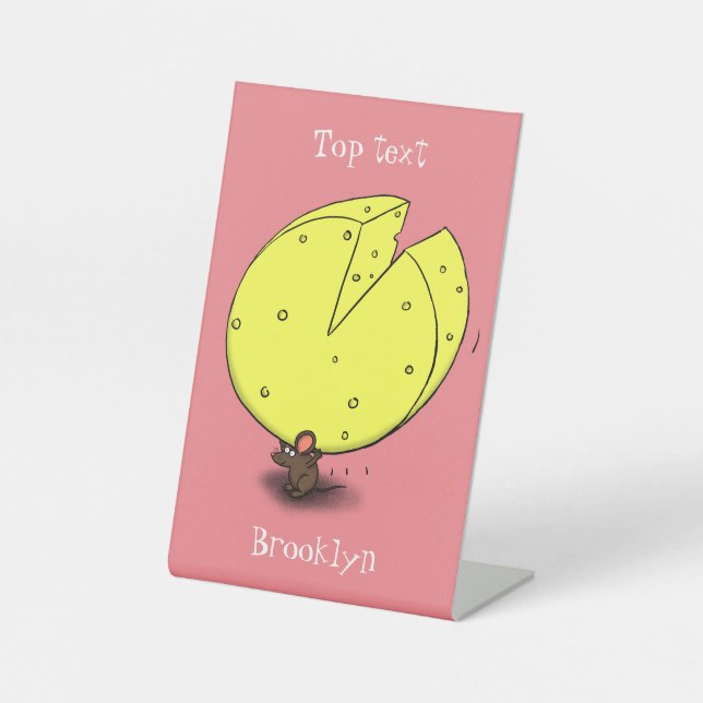Cute mouse with cheese cartoon illustration pedestal sign (Front)