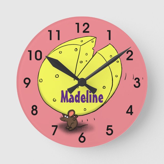 Cute mouse with cheese cartoon illustration round clock (Front)