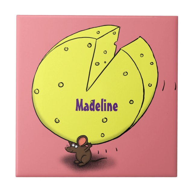 Cute mouse with cheese cartoon illustration tile (Front)