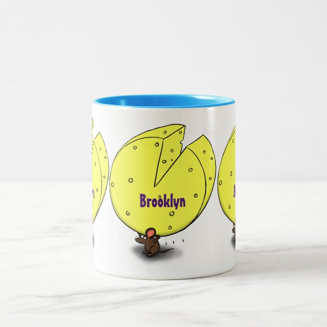 Cute mouse with cheese cartoon illustration Two-Tone coffee mug (Center)