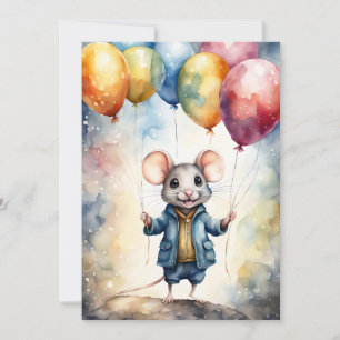 Cute mouse with colourful balloons, custom invitation