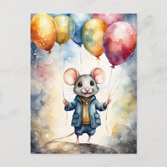Cute mouse with colourful balloons, custom  postcard (Front)