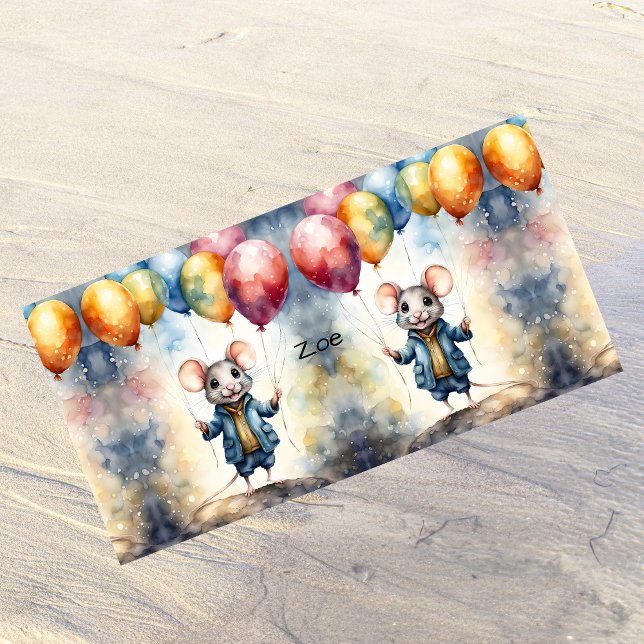 Cute mouse with colourful balloons, personalizable beach towel (Creator Uploaded)