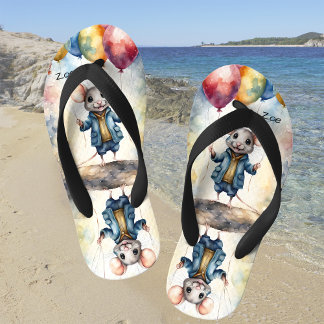 Cute mouse with colourful balloons, personalizable kid's flip flops