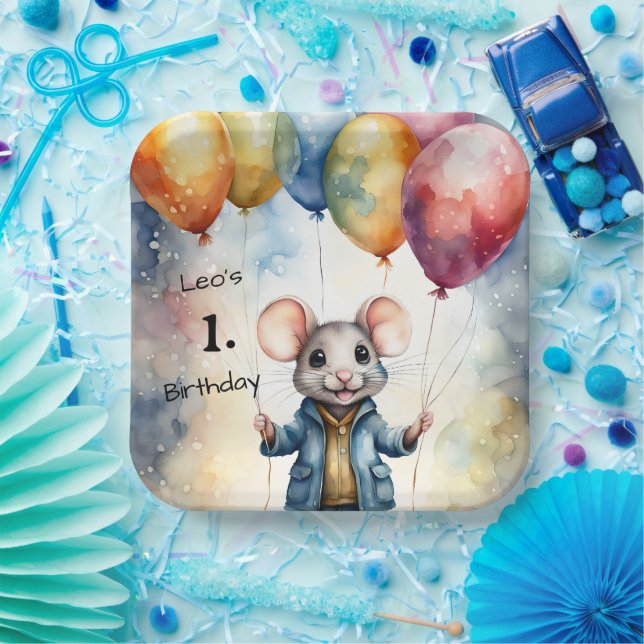 Cute mouse with colourful balloons, personalizable paper plate (Party)