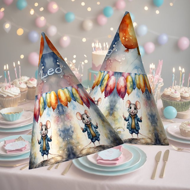 Cute mouse with colourful balloons, personalizable party hat (Creator Uploaded)