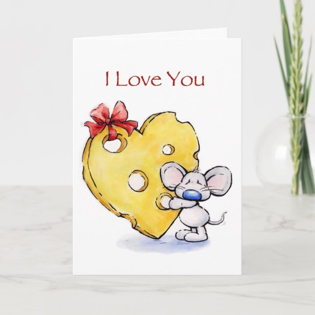 Cute mouse with huge heart cheese , love you card (Front)