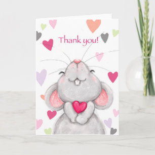Cute mouse with pink hearts, Thank you Card