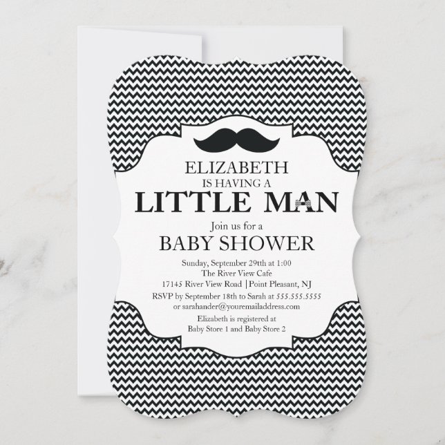 Cute Moustache Bash Boys Baby Shower Chevron Invitation (Front)