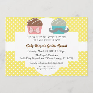 Cute Moustache & Bow Cupcake Gender Reveal Invite