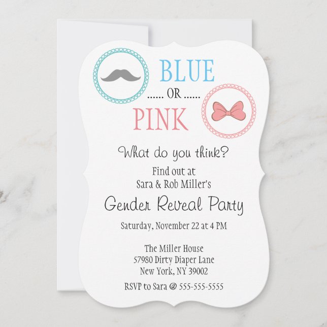 Cute Moustache & Bow Gender Reveal Invite (Front)