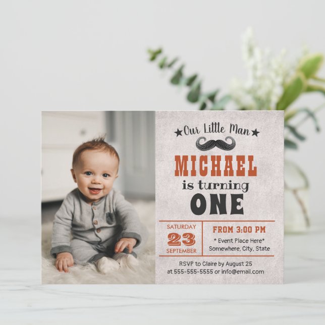 Cute Moustache Boy Photo 1st Birthday Party Invitation (Standing Front)