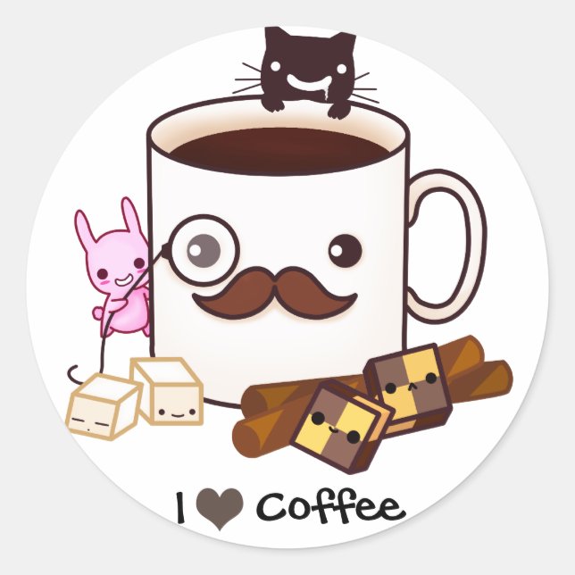 Cute moustache coffee cup and kawaii animals classic round sticker (Front)