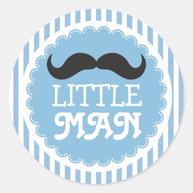 Cute Moustache Little Man Baby Shower Blue Stripes Classic Round Sticker (Front)