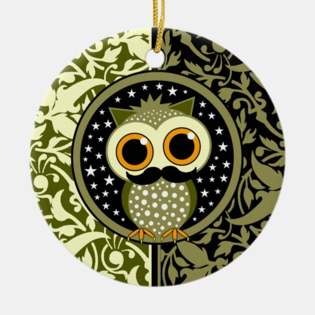 cute moustache owl ceramic tree decoration (Front)