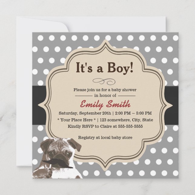 Cute Moustache Pug Polka Dots Baby Shower Invitation (Front)