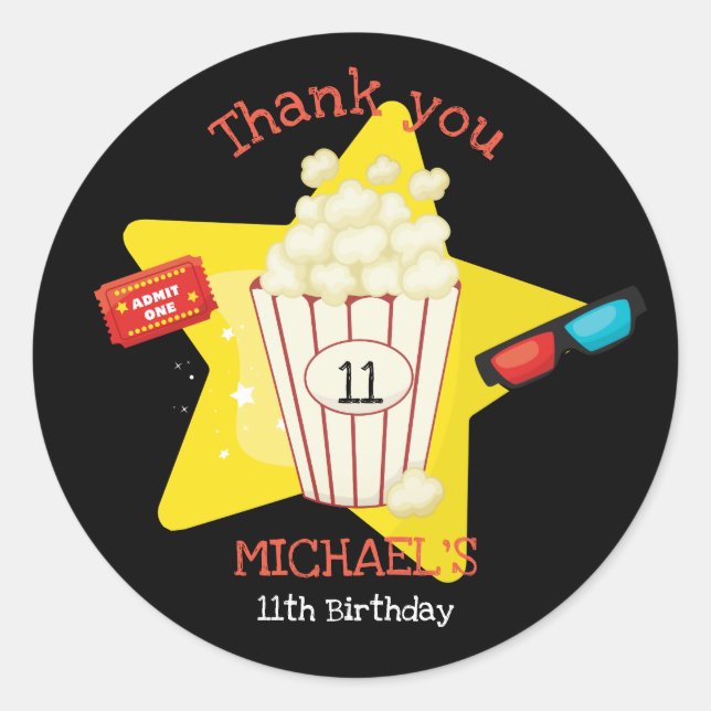 Cute Movie Night Birthday Party Popcorn 3d glasses Classic Round Sticker (Front)