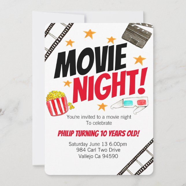 Cute movie night movie birthday party invite (Front)