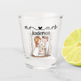 Cute Mr. and Mrs. Bride and Groom with cake Shot Glass