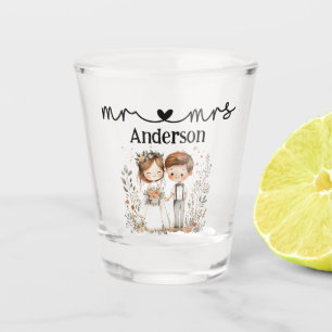 Cute Mr. and Mrs. Bride and Groom with wildflowers Shot Glass
