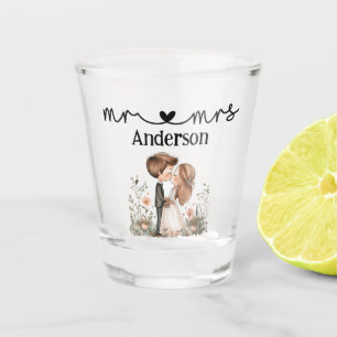 Cute Mr. and Mrs. Bride and Groom with wildflowers Shot Glass