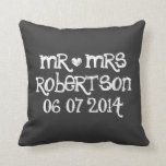 Cute Mr and Mrs chalkboard wedding throw pillows<br><div class="desc">Custom Mr and Mrs black chalkboard wedding throw pillow. Personalised black chalk board pillow cushions for sofa or bed.  Fun design with white heart and name of newly wed couple. Cute home decor personalised for bride and groom / husband and wife. Romantic wedding presents for newlyweds.</div>