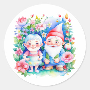 Cute Mr and Mrs Garden Gnomes with Flowers Classic Round Sticker