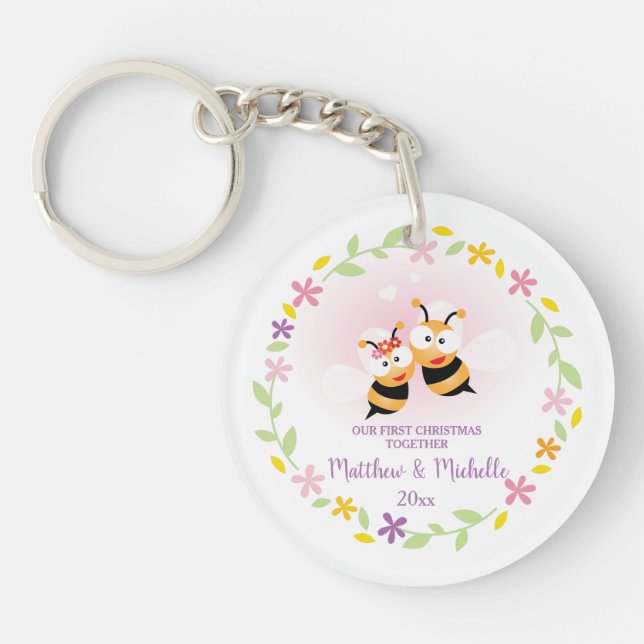 Cute Mr And Mrs Honey Bee First Christmas Keepsake Key Ring (Front)