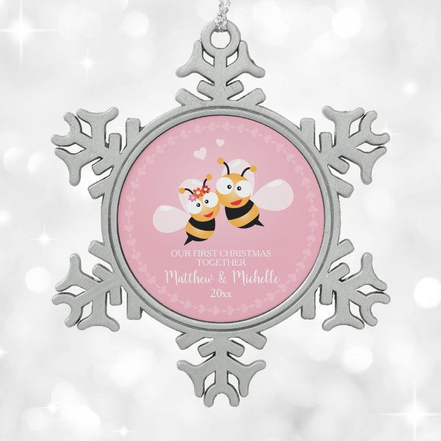 Cute Mr And Mrs Honey Bee First Christmas Together Snowflake Pewter Christmas Ornament (Creator Uploaded)