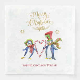 Cute Mr. and Mrs Penguins Merry Christmas Script Napkin