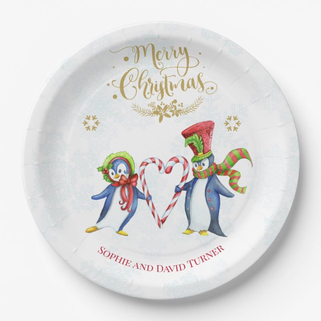 Cute Mr. and Mrs Penguins Merry Christmas Script Paper Plate (Front)