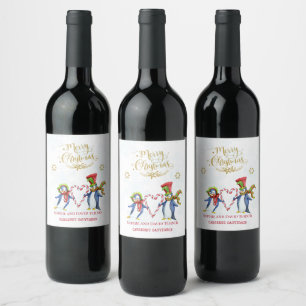 Cute Mr. and Mrs Penguins Merry Christmas Script Wine Label