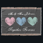Cute Mr and Mrs throw blanket for newlyweds couple<br><div class="desc">Cute pastel hearts mr and mrs throw blanket for newly weds couple Romantic wedding gift idea for newly weds /  just married groom and bride / husband and wife couple. Personalised slogan like together forever. Vintage weathered look design with dark grey background colour. Pink blue and green.</div>