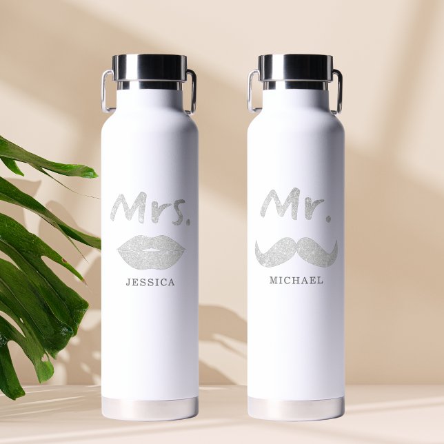 Cute Mr & Mrs Moustache Lips Matching Couple Water Bottle (Creator Uploaded)