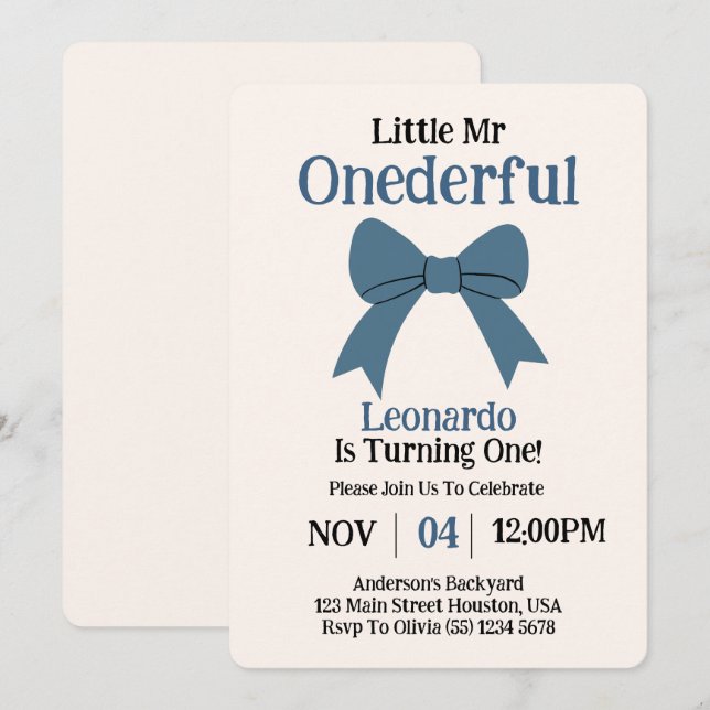 Cute Mr Onederful Blue Bow Boy 1st Birthday Invitation (Front/Back)