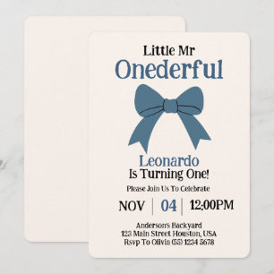 Cute Mr Onederful Blue Bow Boy 1st Birthday Invitation