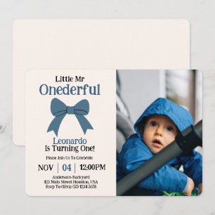 Cute Mr Onederful Blue Bow Boy 1st Birthday Photo  Invitation