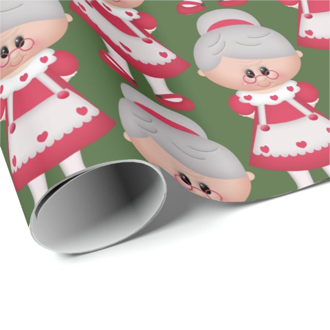 Cute Mrs Claus Christmas Holiday tiled party wrap Wrapping Paper (Roll Corner)