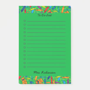 Cute Multi Crayon Teacher To Do List Green 4 x 6 Post-it Notes