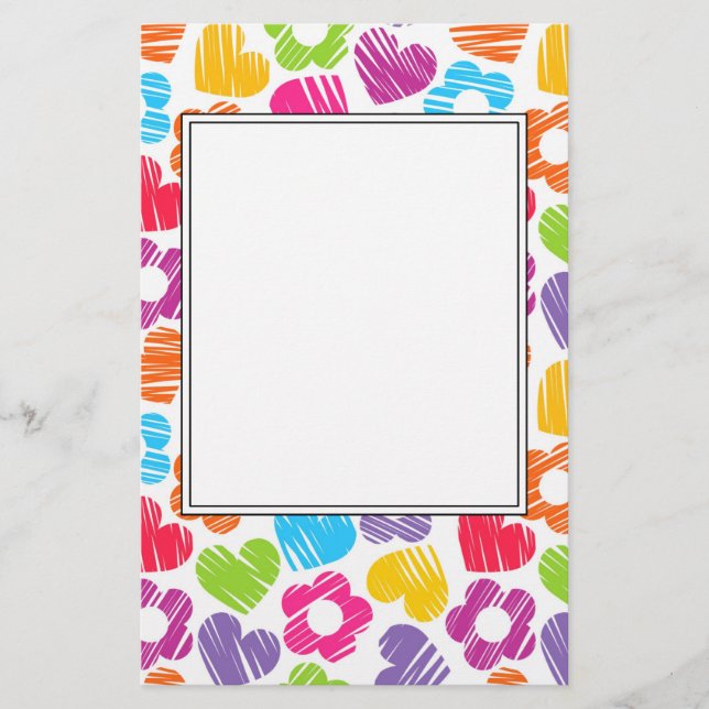 Cute multicolor flowers and hearts girly pattern   stationery (Front)
